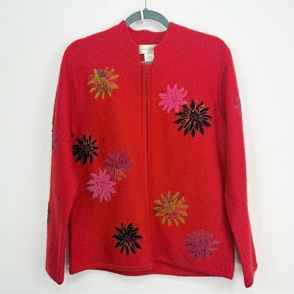 Susan Bristol Red Hand Embroidered Colorful Floral Appliqué Zip Up Wool Jacket